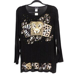Linda Kay Design Leopard Shirt One Size VTG Womens NEW Black Long Sleeve Glitter